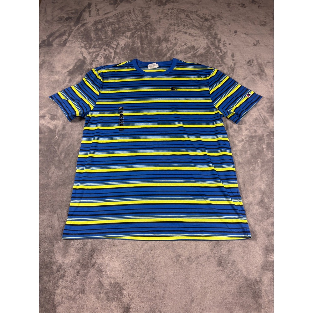 Champion Mens Striped Short Sleeve T Shirt Large Blue Yellow Embroidered Logo